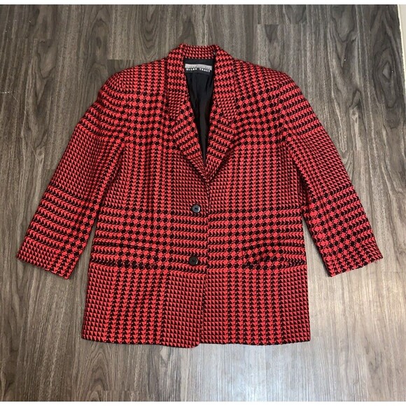 VTG LINDA ALLARD FOR ELLEN TRACY WOOL BLAZER JACKET  RED BLACK PLAID SIZE 14 - Picture 3 of 15